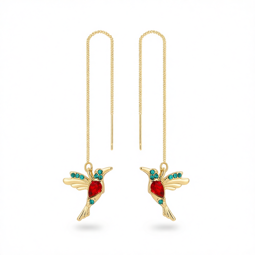 Red Crystal & Cubic Zirconia Bird Threader Earrings