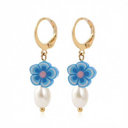 Pearl & Polymer Clay 18K Gold-Plated Flower Huggie Earrings
