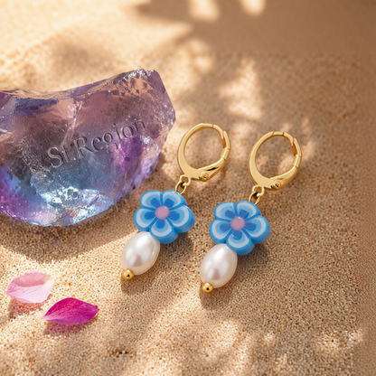 Pearl & Polymer Clay 18K Gold-Plated Flower Huggie Earrings