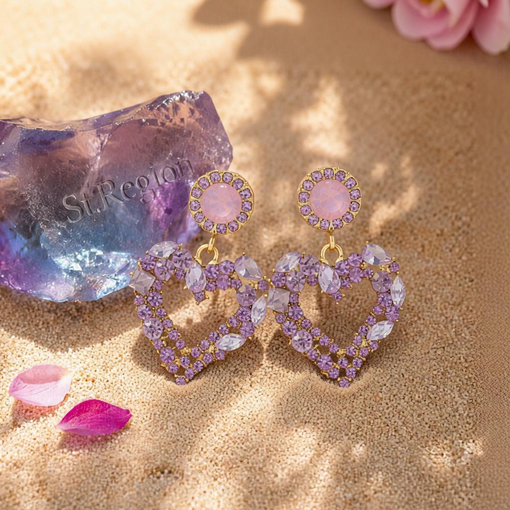Purple Crystal and Cubic Zirconia 18K Gold-Plated Heart Drop Earrings, gold drop earrings for women, detail close-up