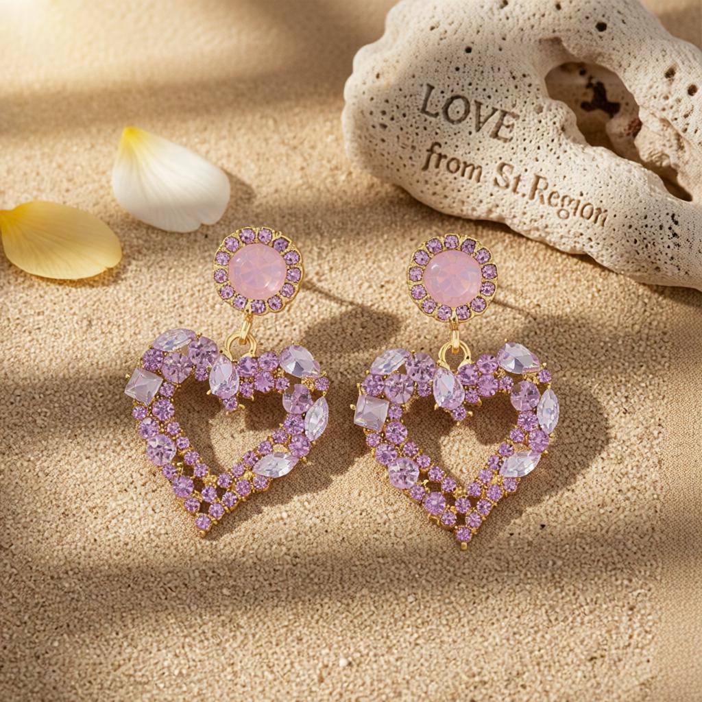 Purple Crystal and Cubic Zirconia 18K Gold-Plated Heart Drop Earrings, gold drop earrings for women, lifestyle look