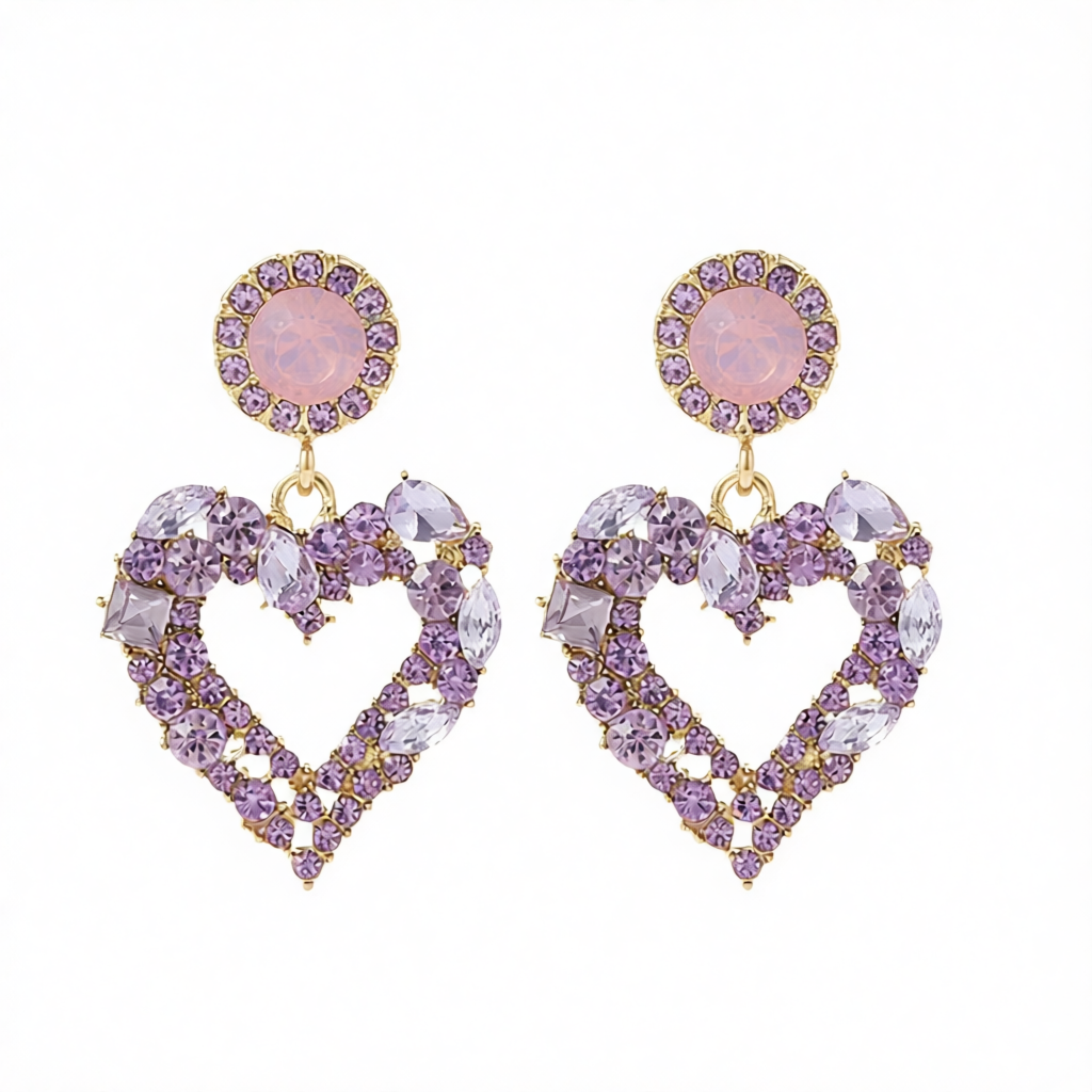 Purple Crystal & Cubic Zirconia 18K Gold-Plated Heart Drop Earrings