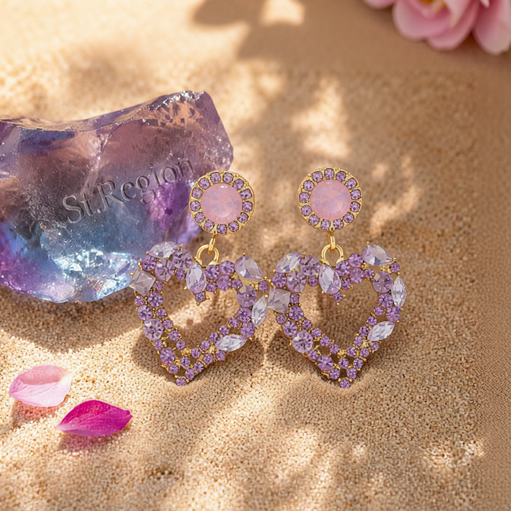 Purple Crystal & Cubic Zirconia 18K Gold-Plated Heart Drop Earrings