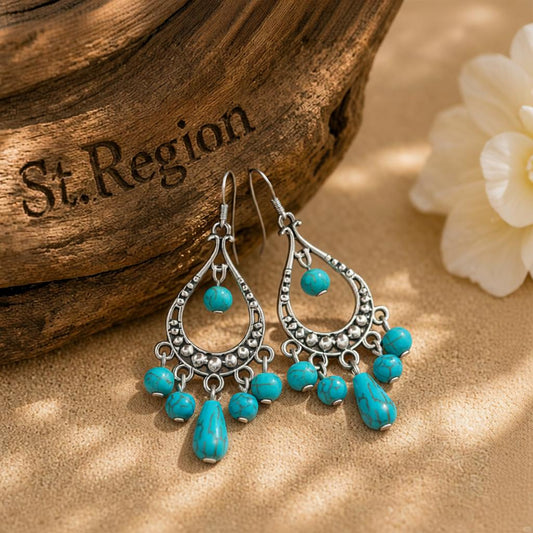 Turquoise and Silver-Plated Tassel Hook Drop Earrings, silver drop earrings for women, dainty minimalist design, front view
