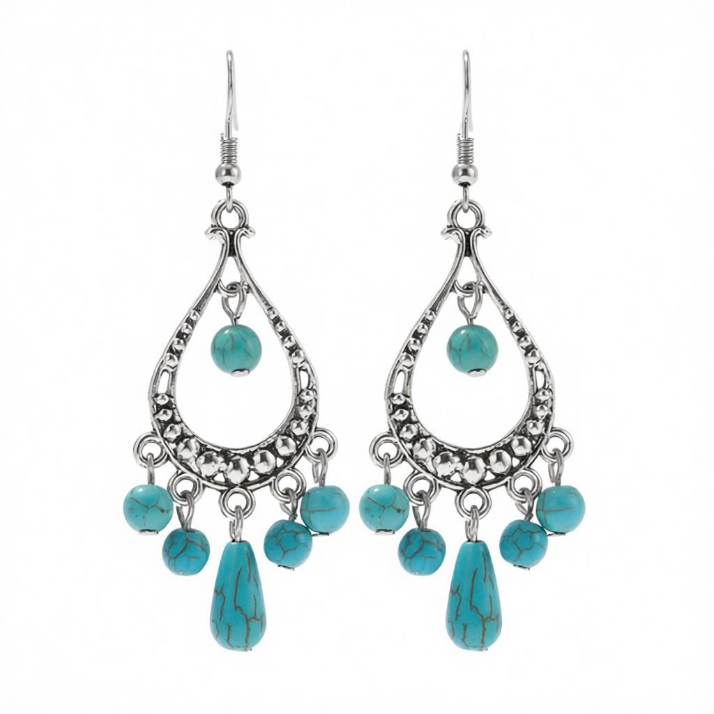 Turquoise and Silver-Plated Tassel Hook Drop Earrings, silver drop earrings for women, dainty minimalist design, side view
