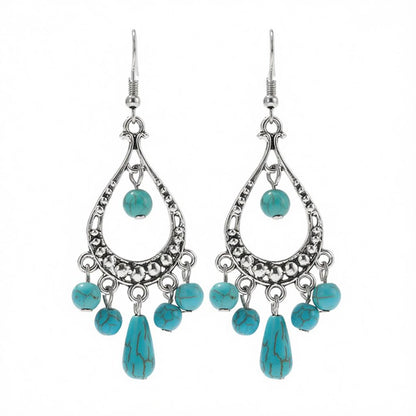Turquoise and Silver-Plated Tassel Hook Drop Earrings, silver drop earrings for women, dainty minimalist design, side view