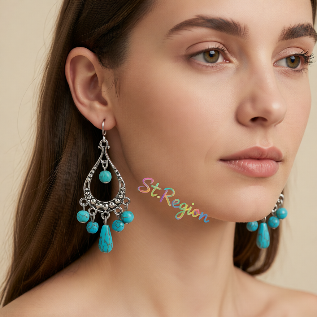 Turquoise & Silver-Plated Tassel Hook Drop Earrings