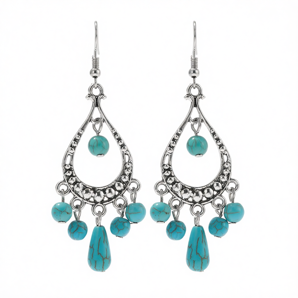 Turquoise & Silver-Plated Tassel Hook Drop Earrings