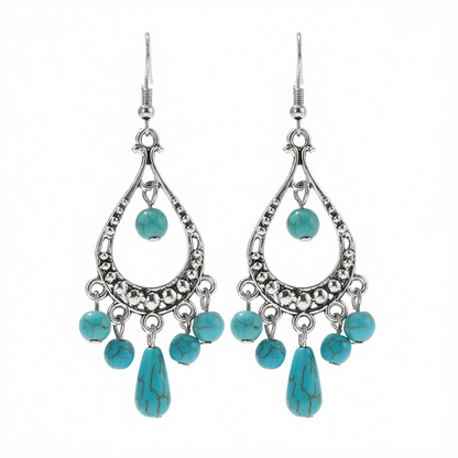 Turquoise & Silver-Plated Tassel Hook Drop Earrings