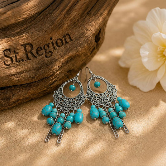 Turquoise and Silver-Plated Openwork Tassel Drop Earrings, silver drop earrings for women, front view