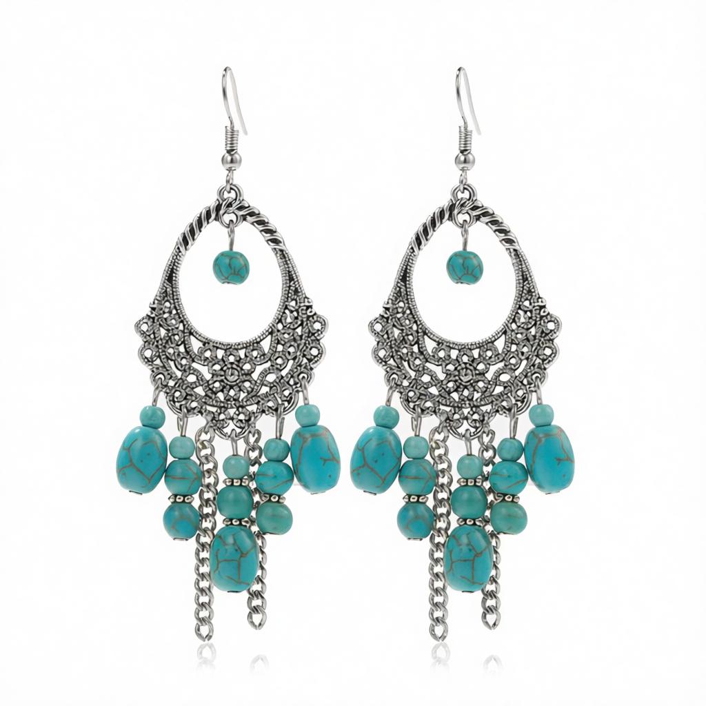 Turquoise and Silver-Plated Openwork Tassel Drop Earrings, silver drop earrings for women, side view