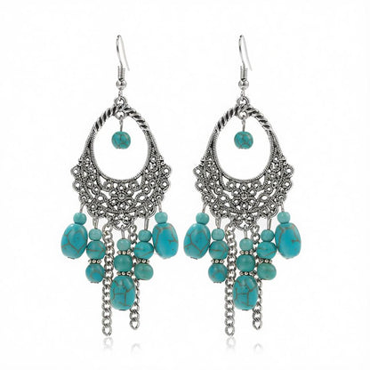 Turquoise and Silver-Plated Openwork Tassel Drop Earrings, silver drop earrings for women, side view