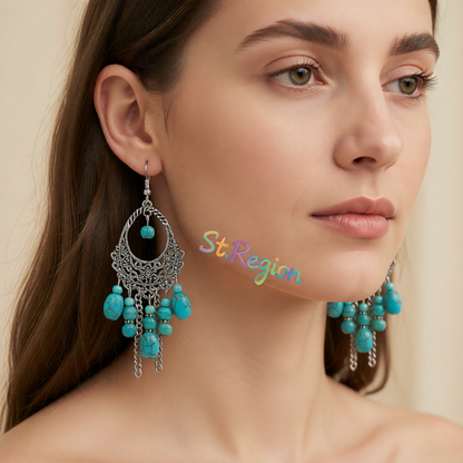 Turquoise & Silver-Plated Openwork Tassel Drop Earrings