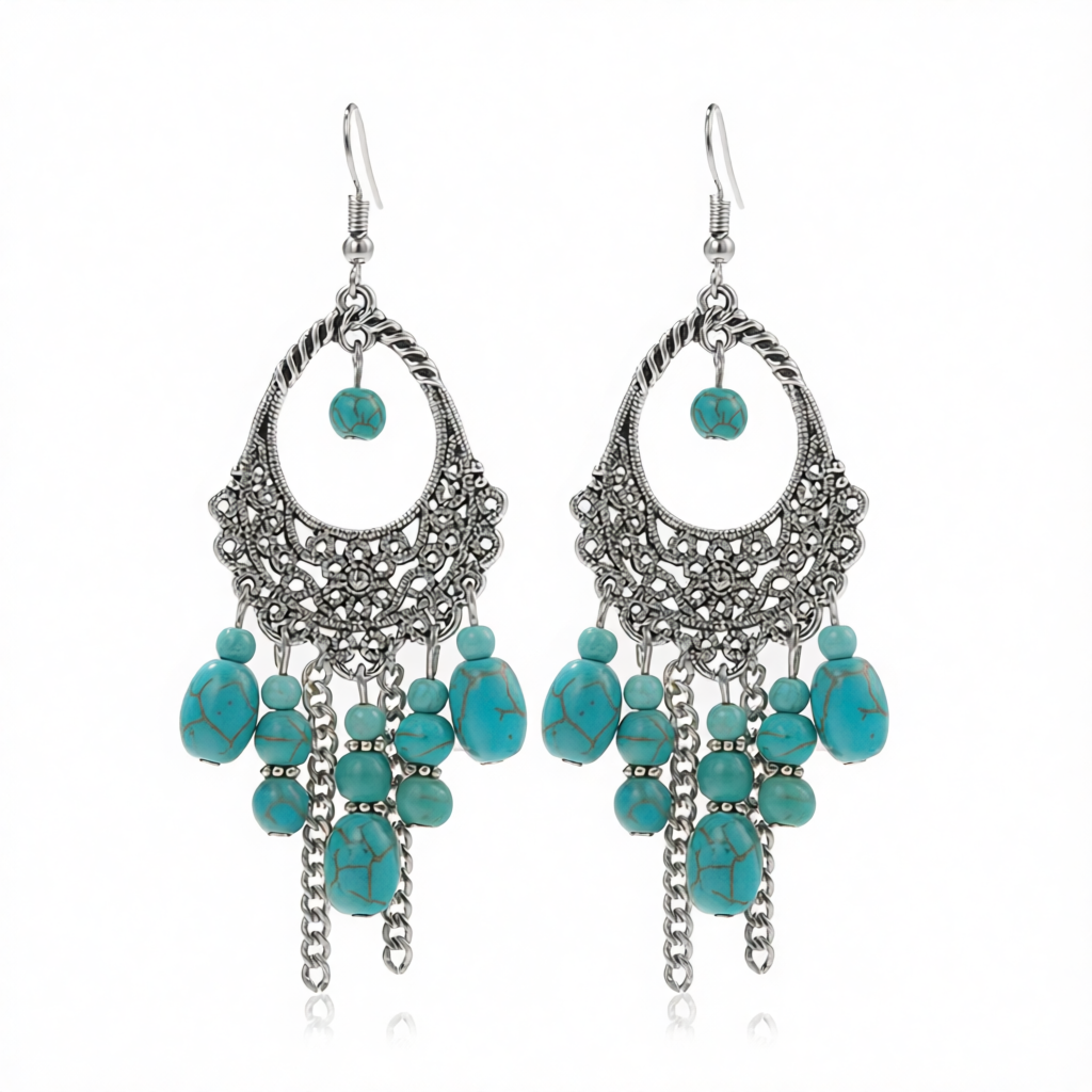 Turquoise & Silver-Plated Openwork Tassel Drop Earrings