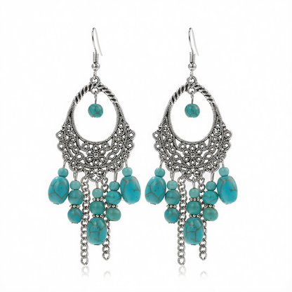 Turquoise & Silver-Plated Openwork Tassel Drop Earrings