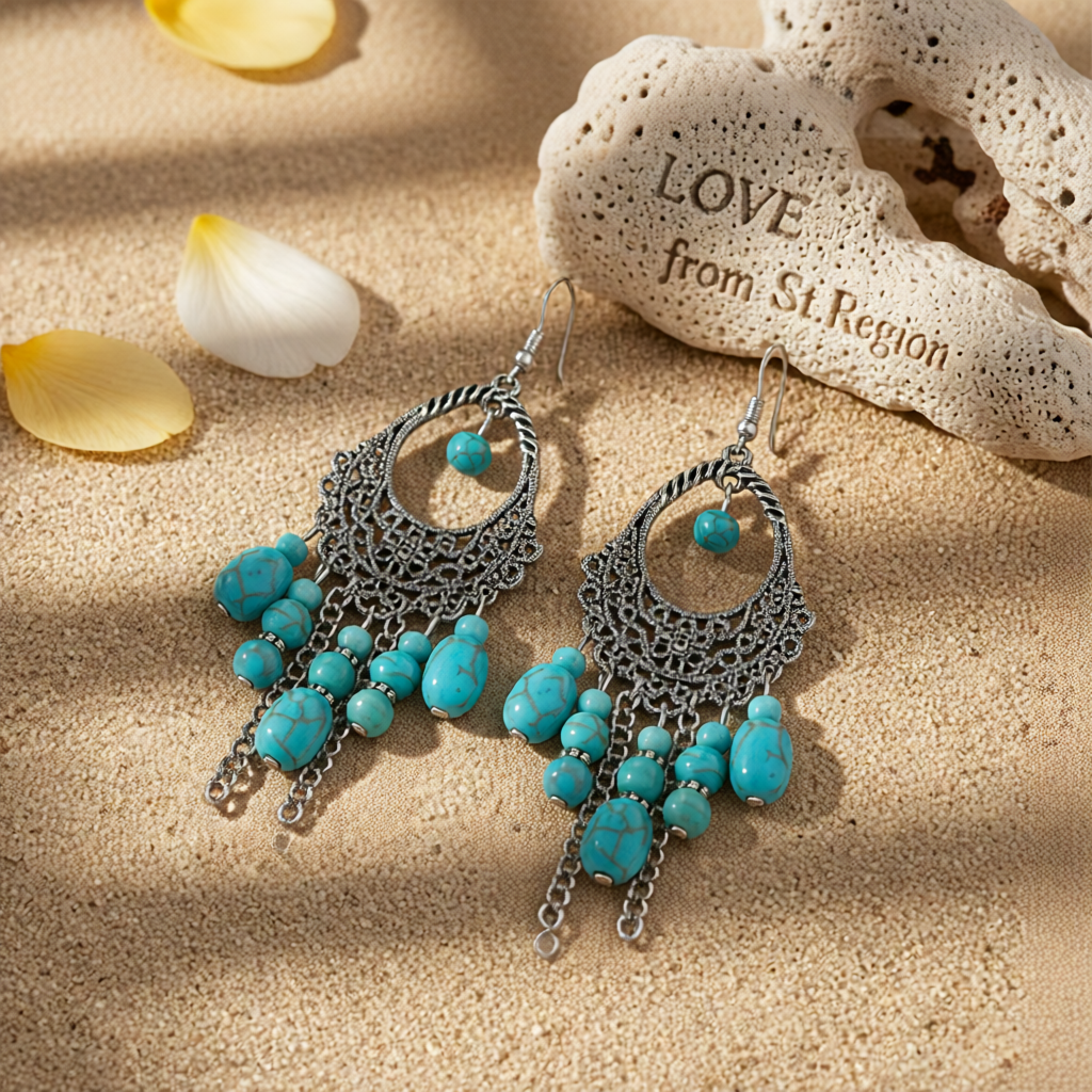 Turquoise & Silver-Plated Openwork Tassel Drop Earrings