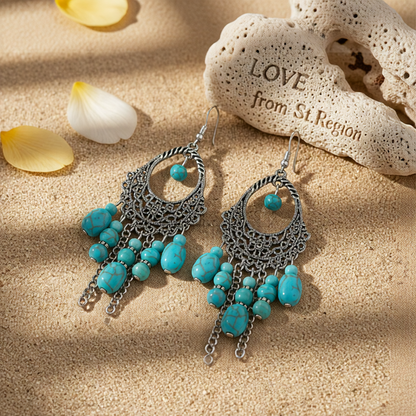 Turquoise & Silver-Plated Openwork Tassel Drop Earrings