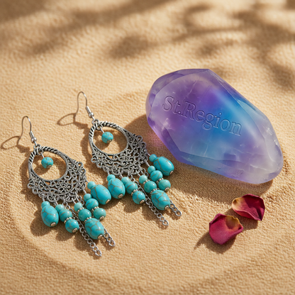Turquoise & Silver-Plated Openwork Tassel Drop Earrings