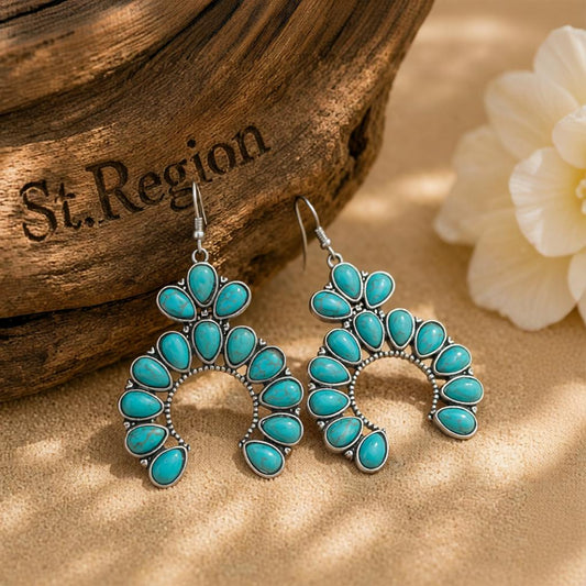 Turquoise & Silver-Plated Patchwork Round Drop Earrings