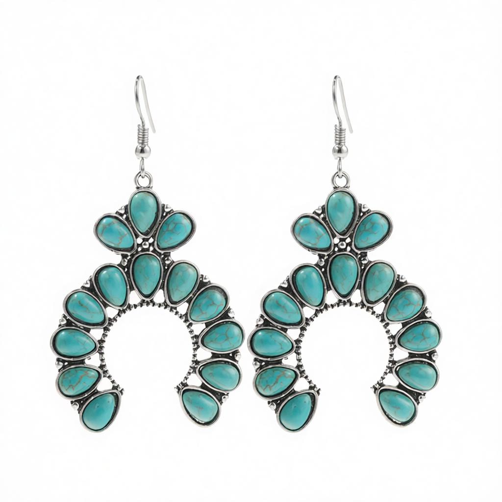 Turquoise and Silver-Plated Patchwork Round Drop Earrings, silver drop earrings for women, elegant gift for her, side view