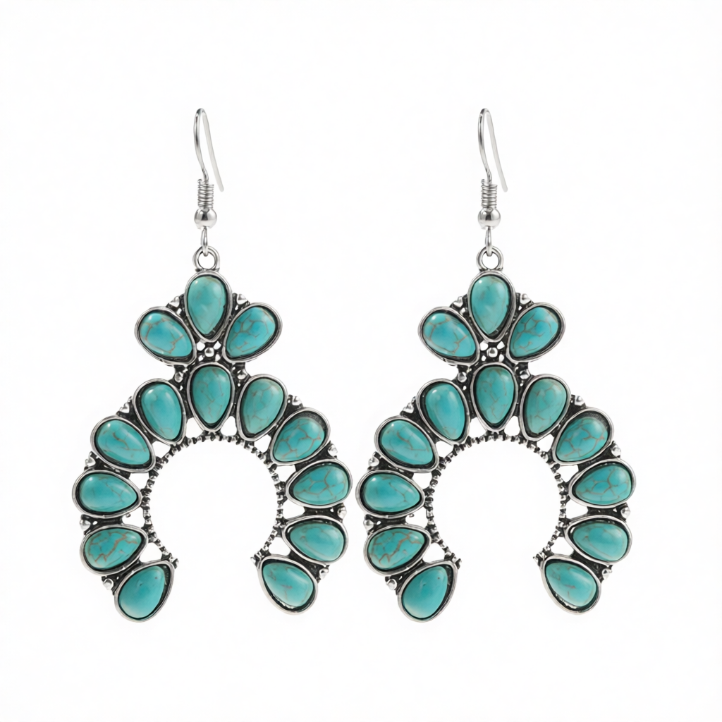 Turquoise & Silver-Plated Patchwork Round Drop Earrings