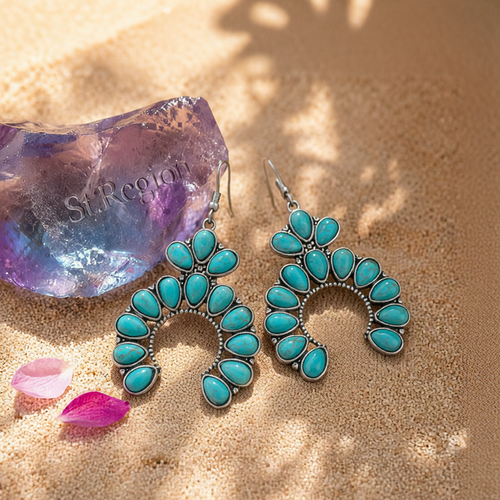 Turquoise & Silver-Plated Patchwork Round Drop Earrings