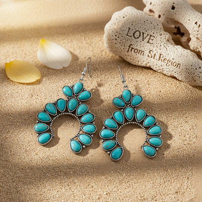 Turquoise & Silver-Plated Patchwork Round Drop Earrings