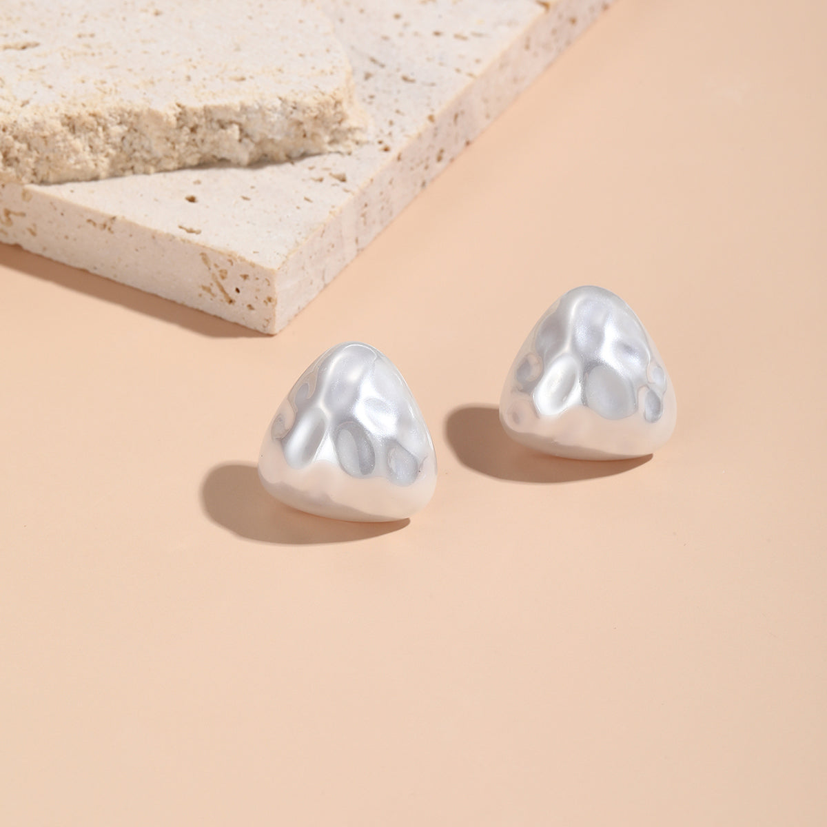 Pearl & Silver-Plated Hammered Triangle Stud Earrings