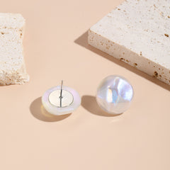 Iridescent Pearl & Silver-Plated Hammered Round Stud Earrings