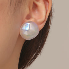 Iridescent Pearl & Silver-Plated Hammered Round Stud Earrings