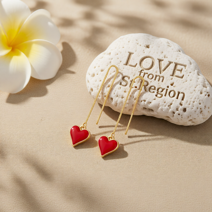 Red Enamel & 18K Gold-Plated Heart Threader Earrings