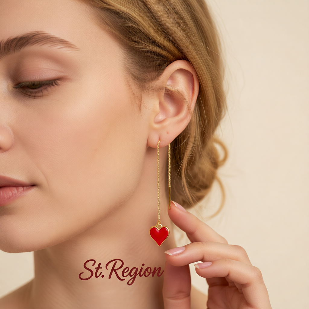 Red Enamel & 18K Gold-Plated Heart Threader Earrings