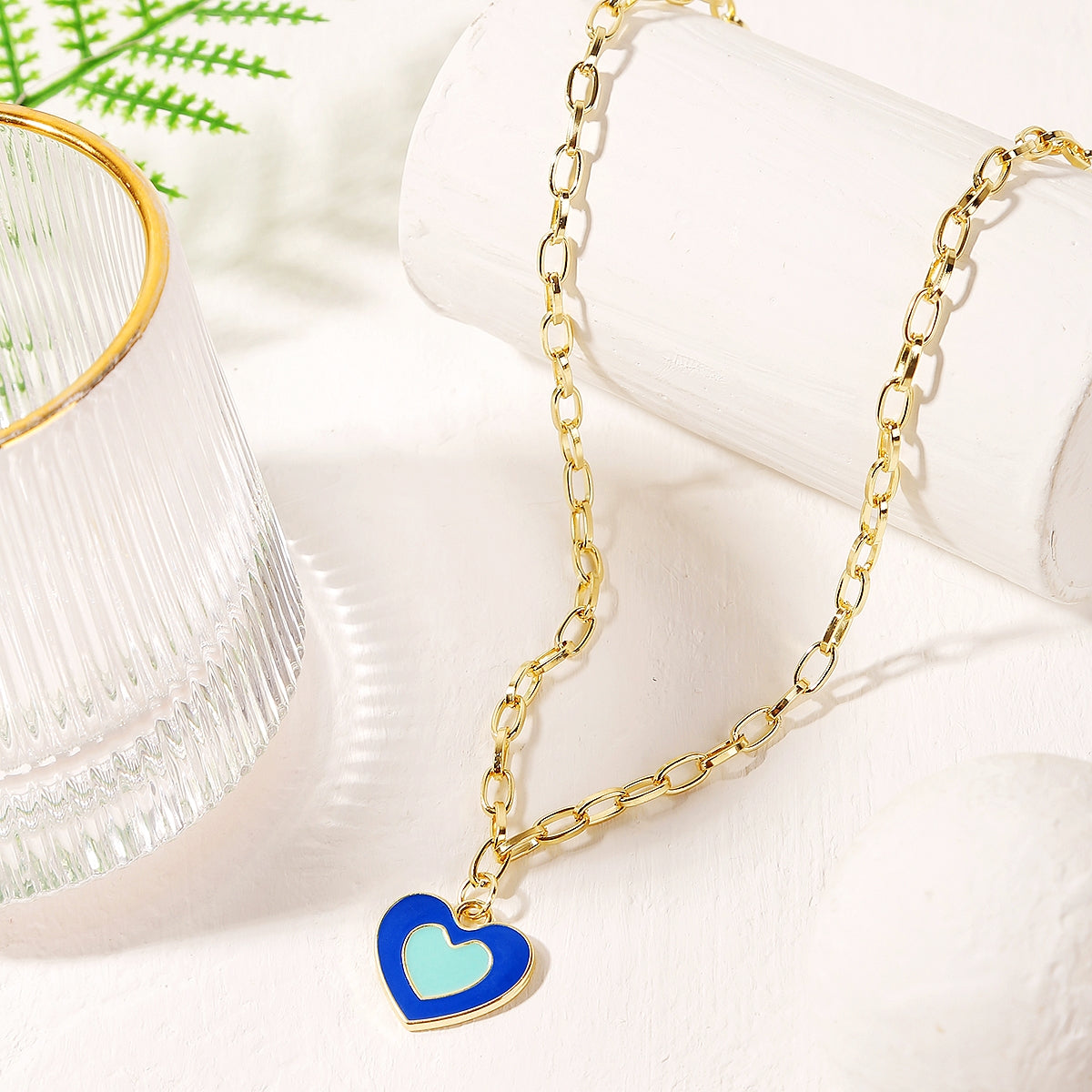 Blue Enamel and 18K Gold-Plated Heart Pendant Necklace, gold pendant necklace for women, vintage-inspired design, front view