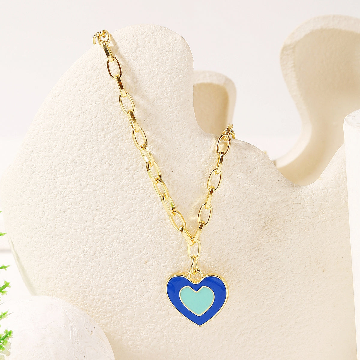 Blue Enamel and 18K Gold-Plated Heart Pendant Necklace, gold pendant necklace for women, vintage-inspired design, side view