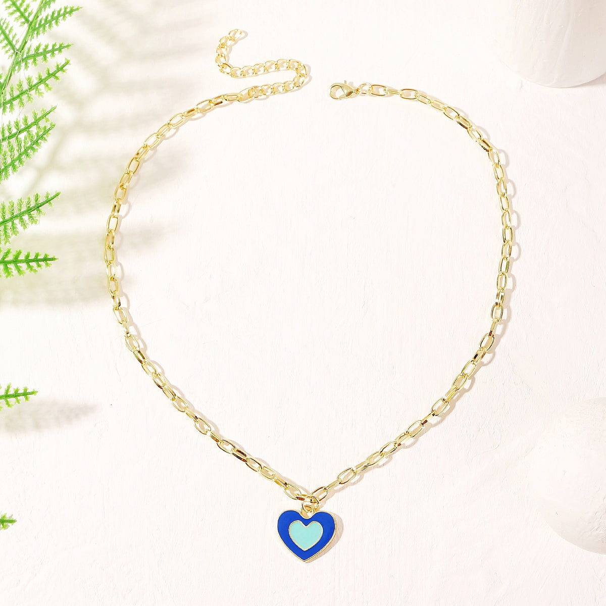 Blue Enamel and 18K Gold-Plated Heart Pendant Necklace, gold pendant necklace for women, detail close-up