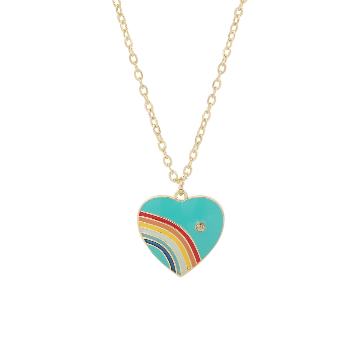 Blue Enamel and Cubic Zirconia 18K Gold-Plated Rainbow Heart Pendant Necklace, gold pendant necklace for women, front view