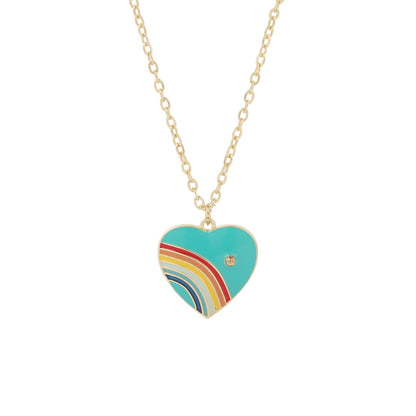 Blue Enamel and Cubic Zirconia 18K Gold-Plated Rainbow Heart Pendant Necklace, gold pendant necklace for women, front view