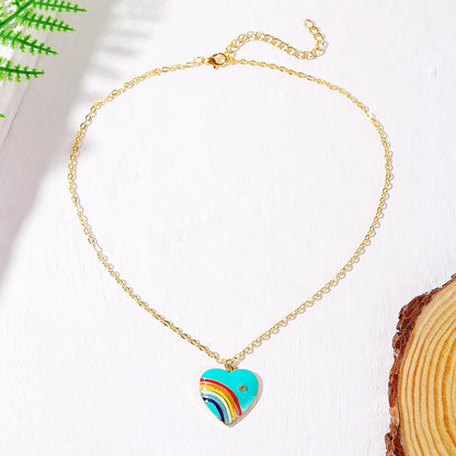 Blue Enamel and Cubic Zirconia 18K Gold-Plated Rainbow Heart Pendant Necklace, gold pendant necklace for women, side view