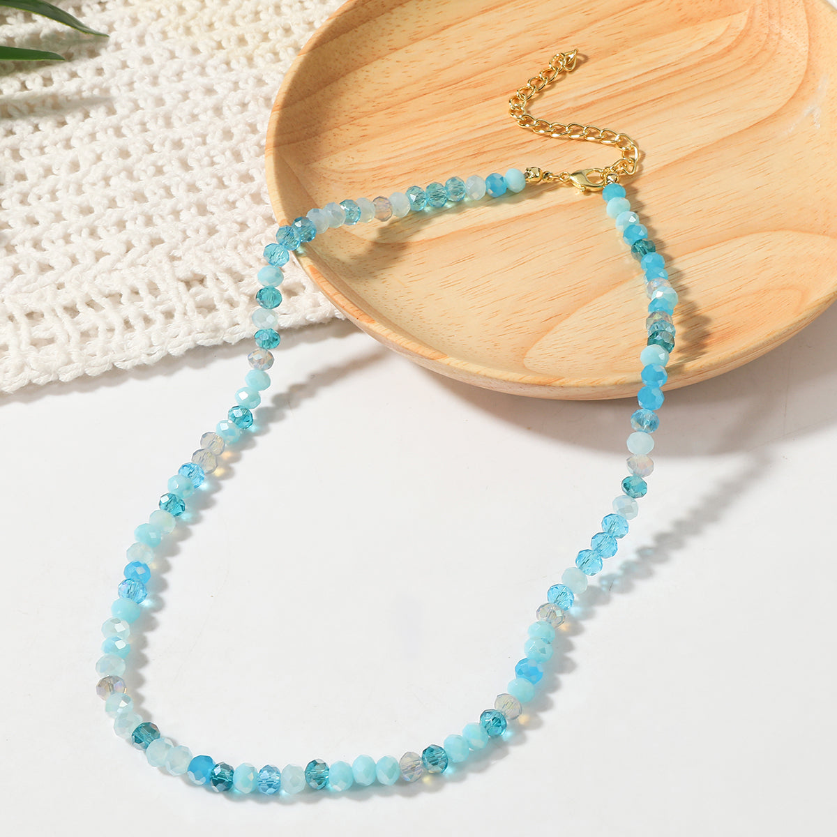 Blue Acrylic and 18K Gold-Plated Beads Chain Necklace, gold pendant necklace for women, vintage-inspired design, front view