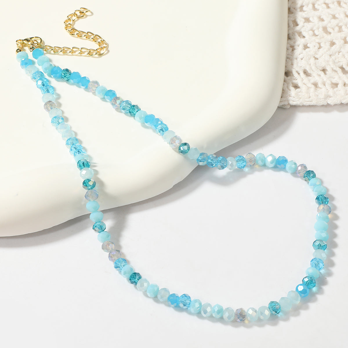 Blue Acrylic and 18K Gold-Plated Beads Chain Necklace, gold pendant necklace for women, vintage-inspired design, side view