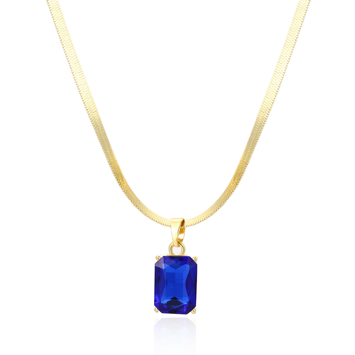 Blue Crystal and 18K Gold-Plated Herringbone Chain Pendant Necklace, gold pendant necklace for women, front view
