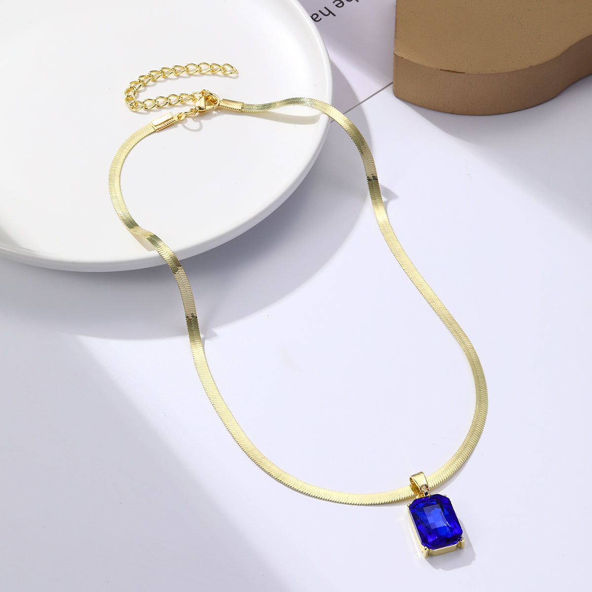 Blue Crystal and 18K Gold-Plated Herringbone Chain Pendant Necklace, gold pendant necklace for women, side view