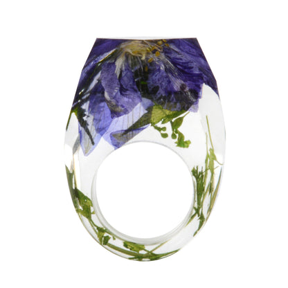 Purple and Green Dried Flower Ring, statement rings for women, botanical inspired, front view