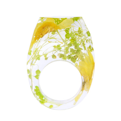 Yellow and Green Dried Flower Ring, statement rings for women, vintage-inspired design, front view
