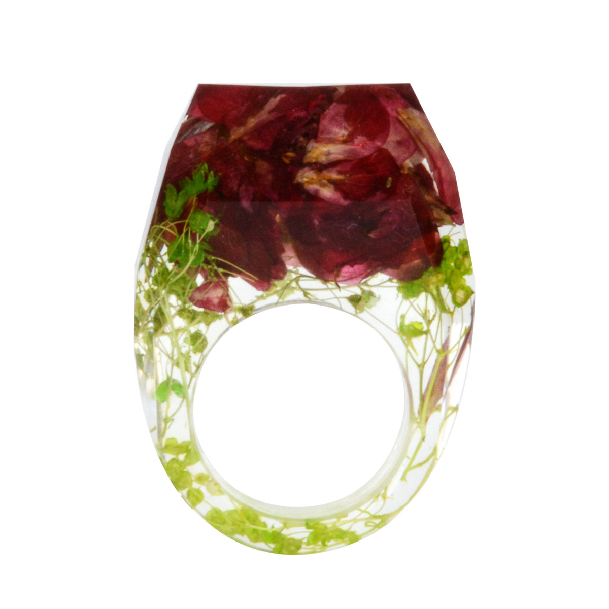 Deep Red and Green Dried Flower Ring, statement rings for women, vintage-inspired design, front view