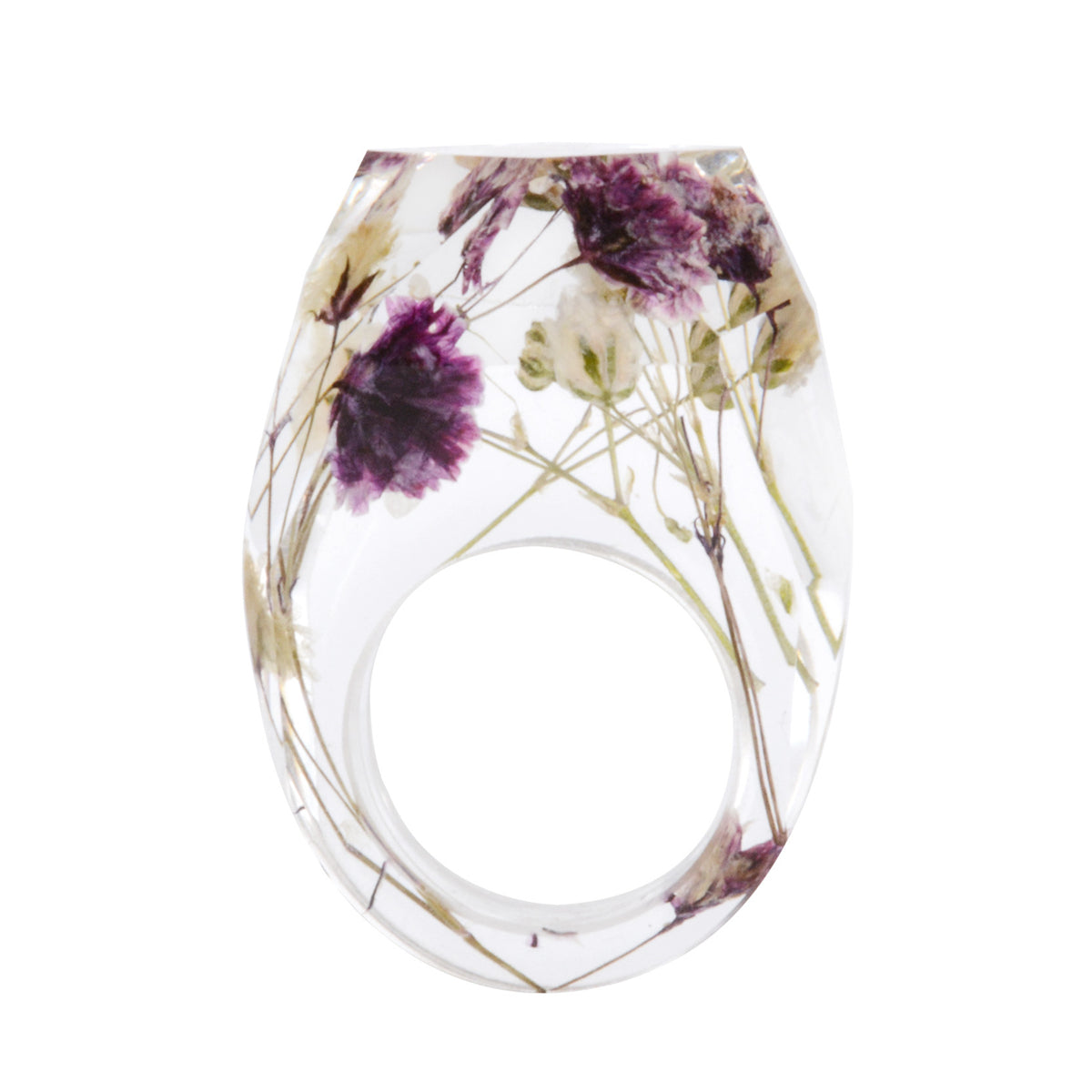 Purple and Off-White Dried Flower Ring, statement rings for women, vintage-inspired design, front view