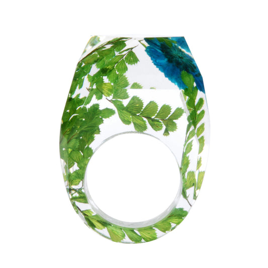 Green and Blue Dried Flower Ring, statement rings for women, vintage-inspired design, front view