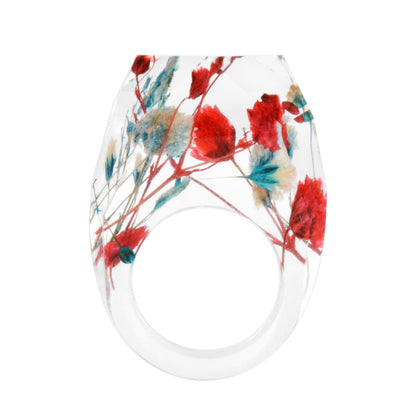 Red and Blue Dried Flower Ring, statement rings for women, elegant gift for her, front view