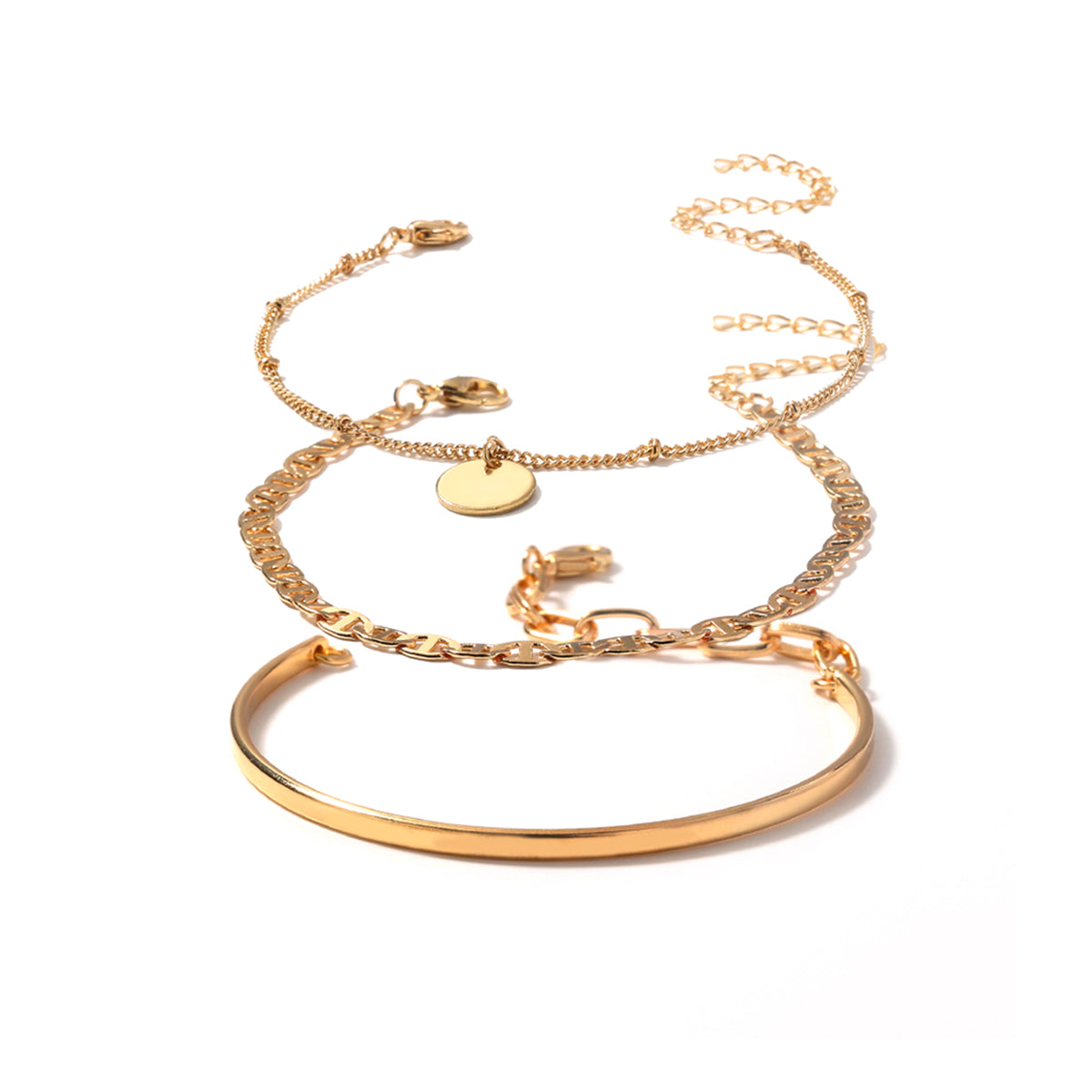 A stunning set of three gold bracelets adorned with a chic disc charm, ideal for elevating your accessory game.