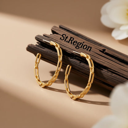 18K Gold-Plated Chain Hoop Earrings, gold hoop earrings for women, botanical inspired, front view